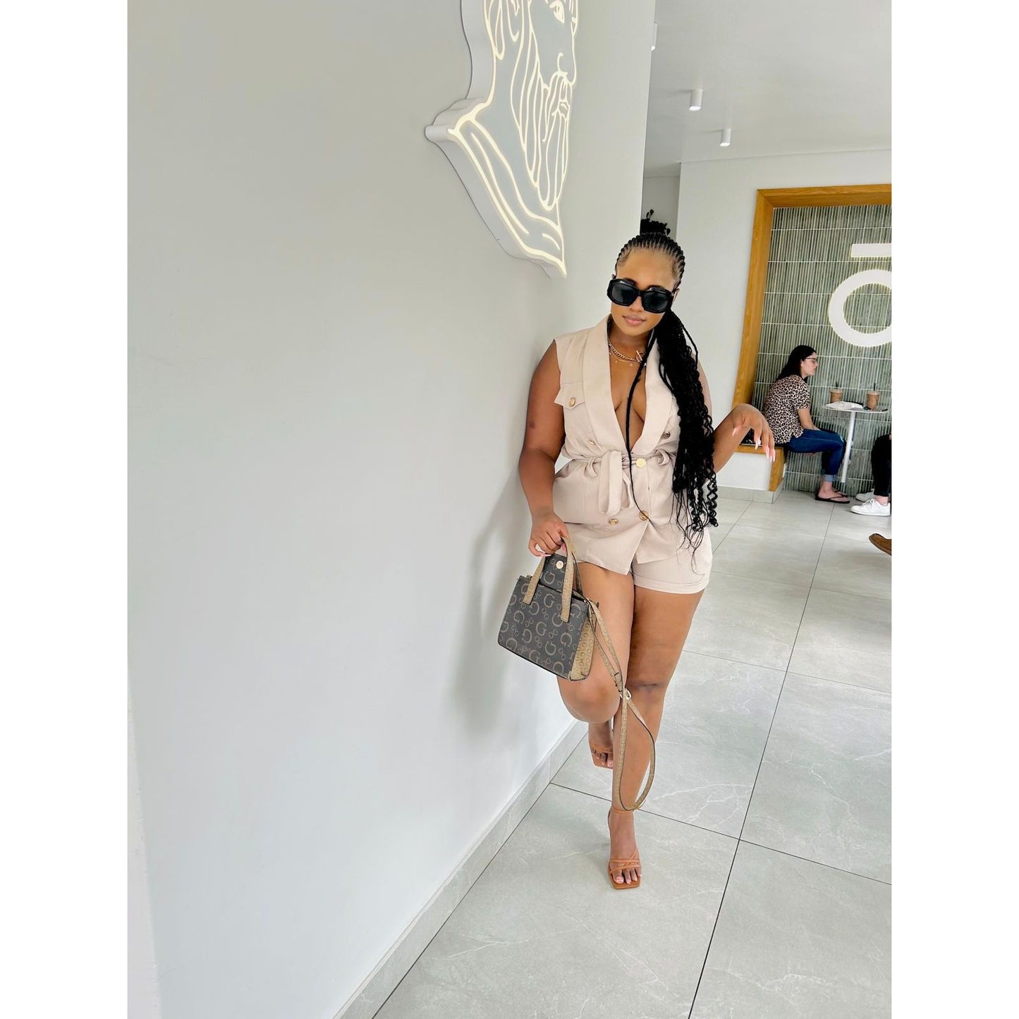 Ruffle Trim Double Breasted Belted Vest Blazer and short set .