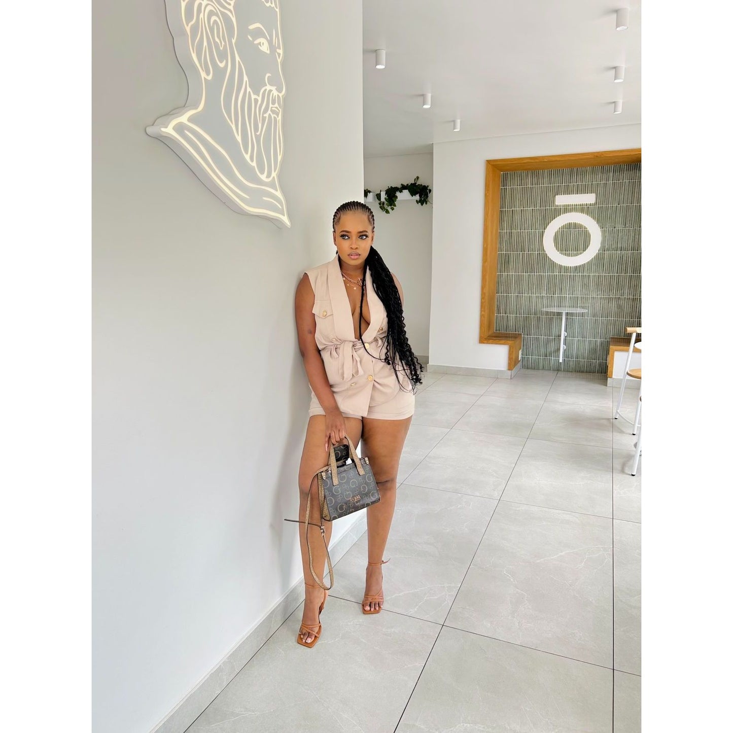 Ruffle Trim Double Breasted Belted Vest Blazer and short set .