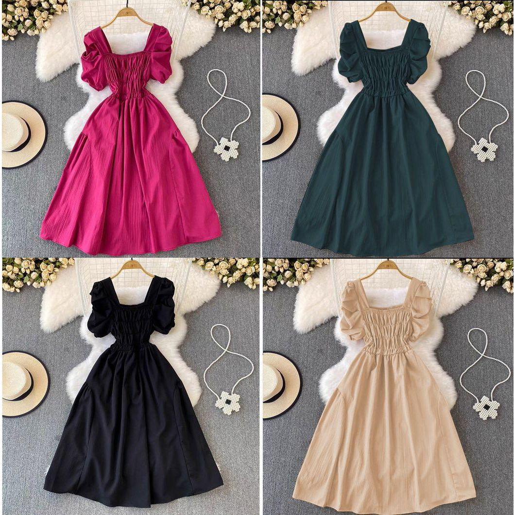 Elegant Puff Sleeve Retro Bandage Solid Design Dress.