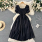 Elegant Puff Sleeve Retro Bandage Solid Design Dress.