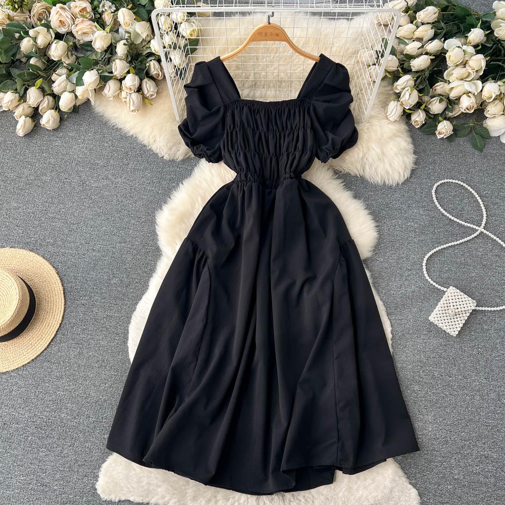 Elegant Puff Sleeve Retro Bandage Solid Design Dress.