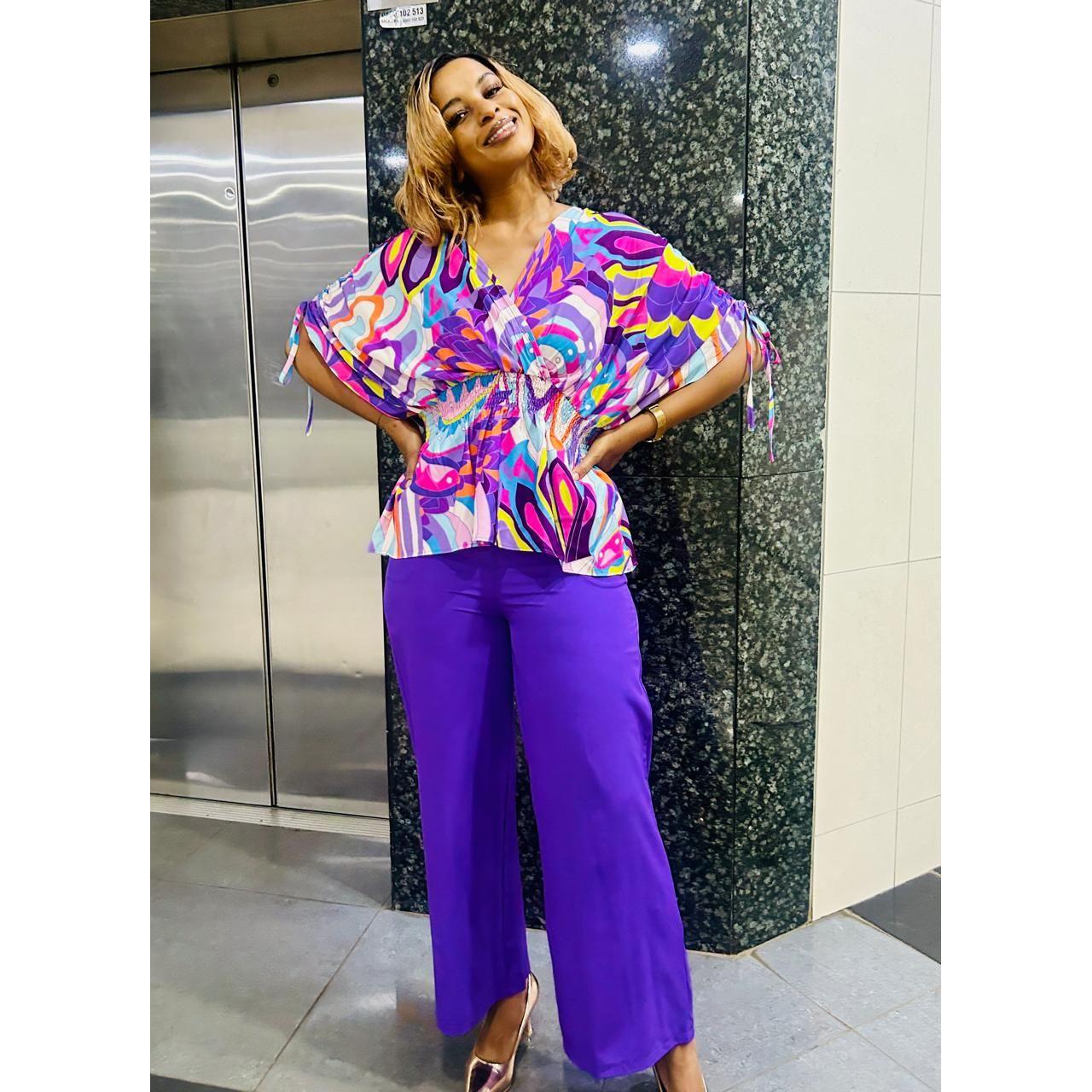 Multicolor Printed Sleeve Knot Side Top & Pants.