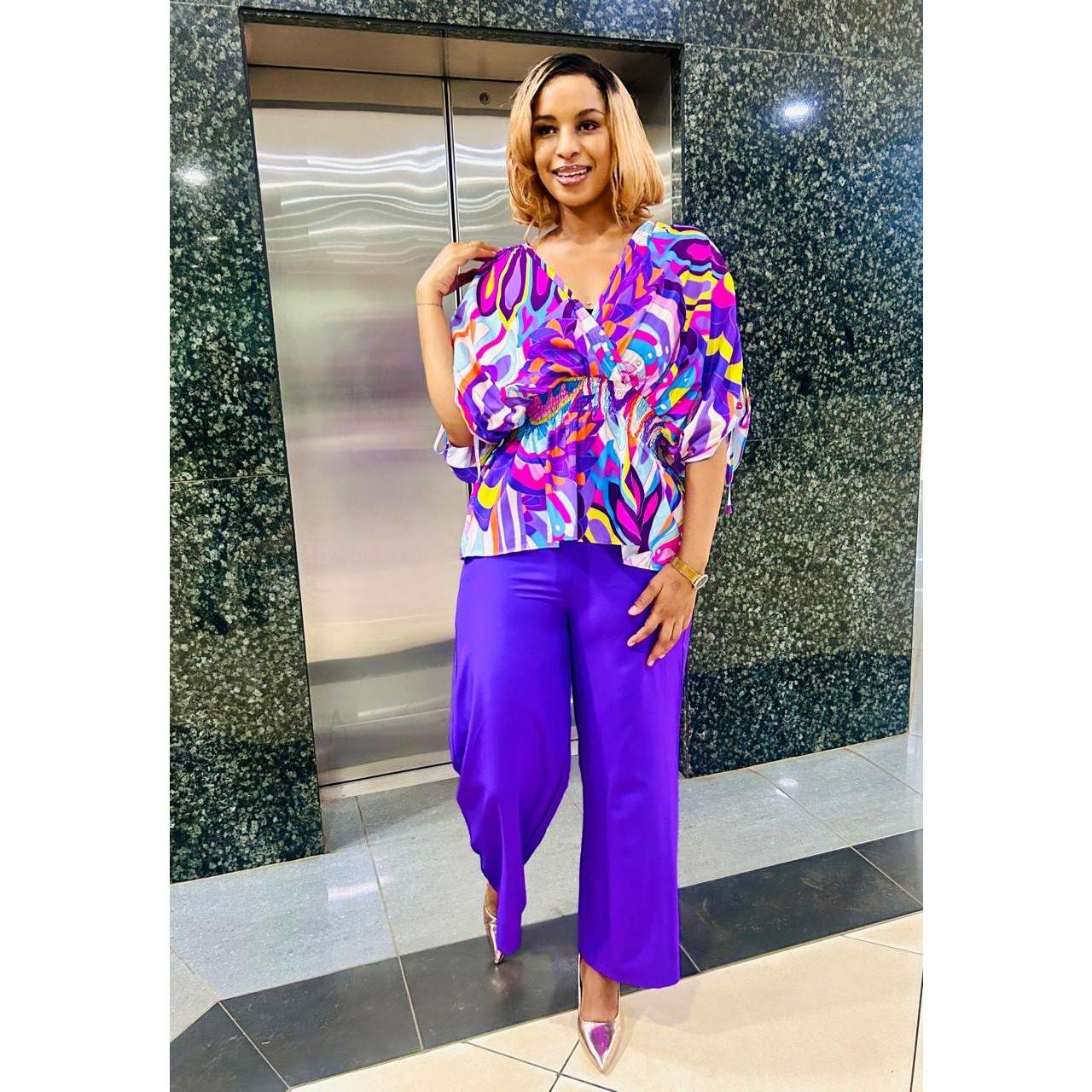 Multicolor Printed Sleeve Knot Side Top & Pants.