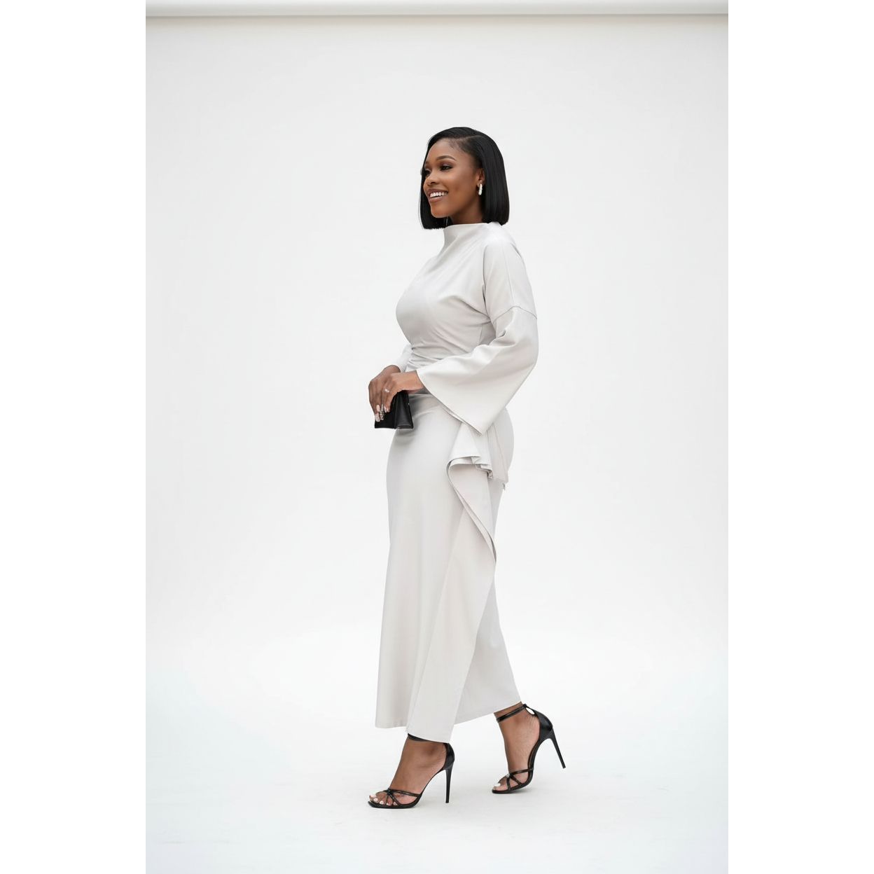 Women's Mock Neck Side Draped Cascading Dress