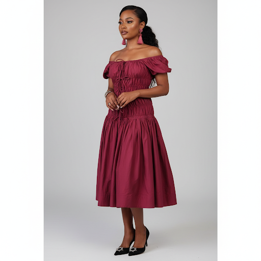 Off-Shoulder Plain Colour High waist Pleated Midi Dress