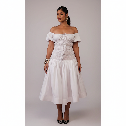 Off-Shoulder Plain Colour High waist Pleated Midi Dress