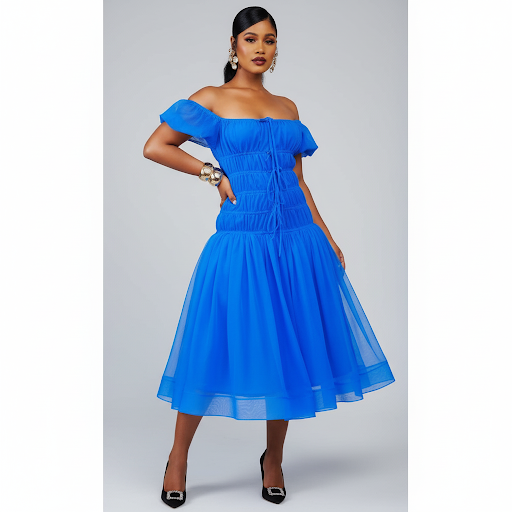 Off-Shoulder Plain Colour High waist Pleated Midi Dress