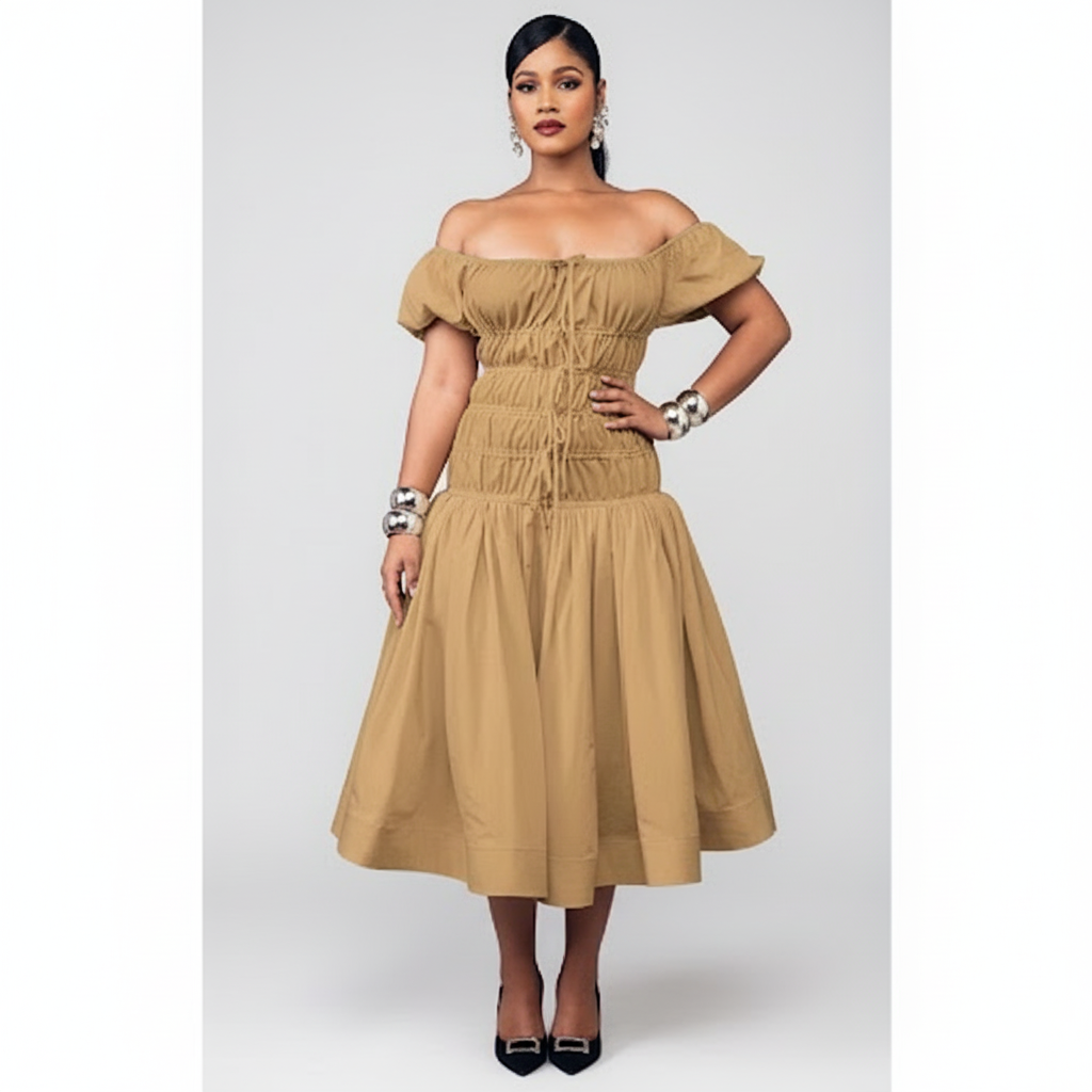 Off-Shoulder Plain Colour High waist Pleated Midi Dress