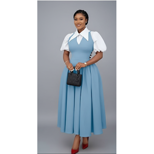 Bubble Sleeve Shirt Collar High Waist Slimming Dress