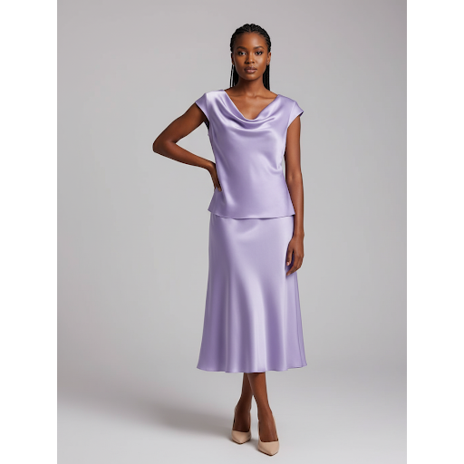 Solid Loose Collar Blouse And Fish Tail Midi Skirt 2pcs Set