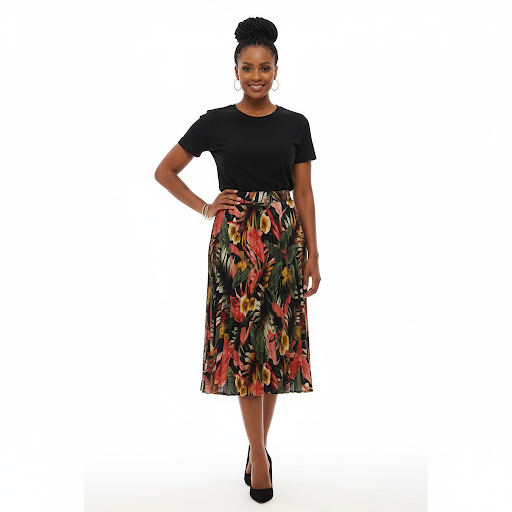 Tropical Print Pleated Midi Skirt