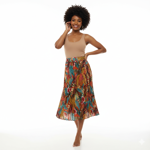 Tropical Print Pleated Midi Skirt