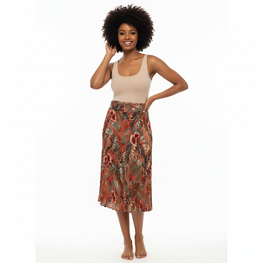Tropical Print Pleated Midi Skirt