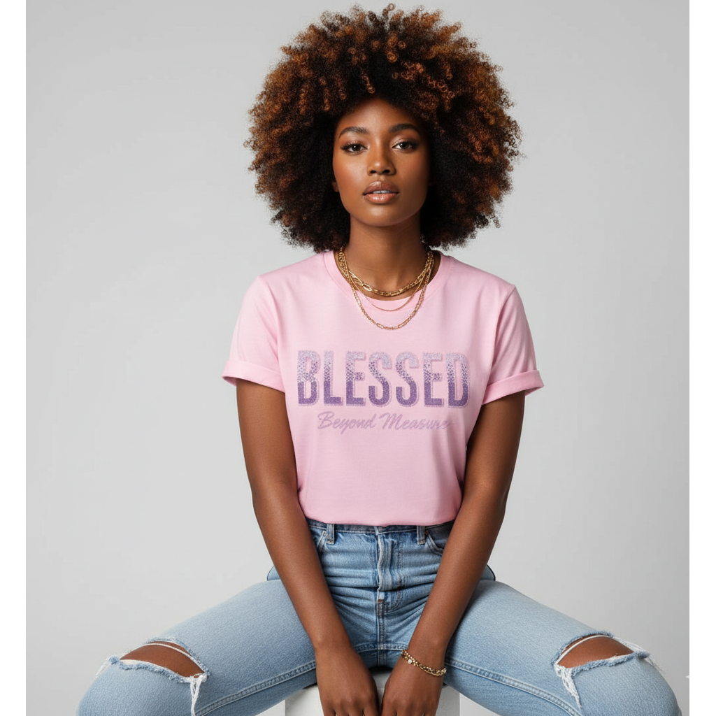 Embossed BLESSED Turn-up Sleeve T-Shirt