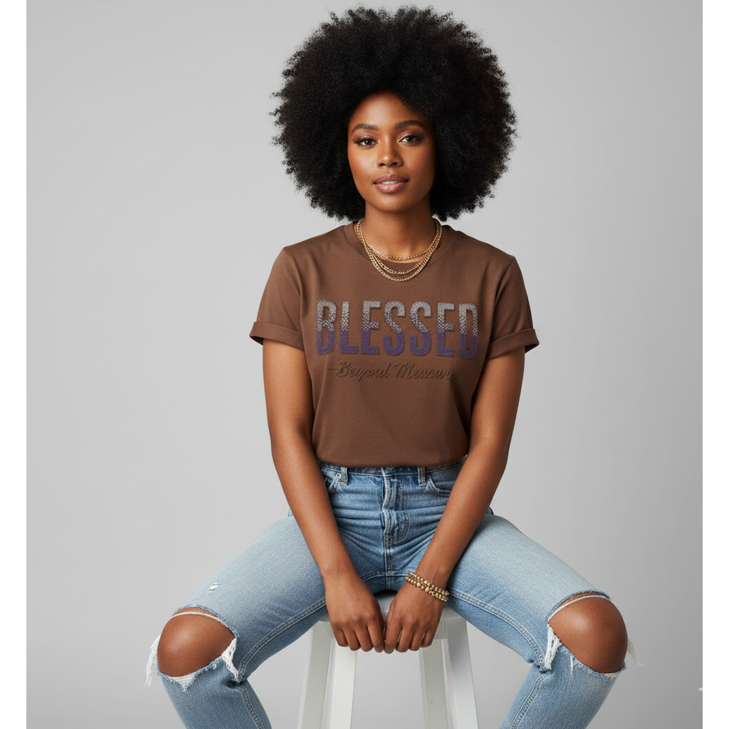 Embossed BLESSED Turn-up Sleeve T-Shirt