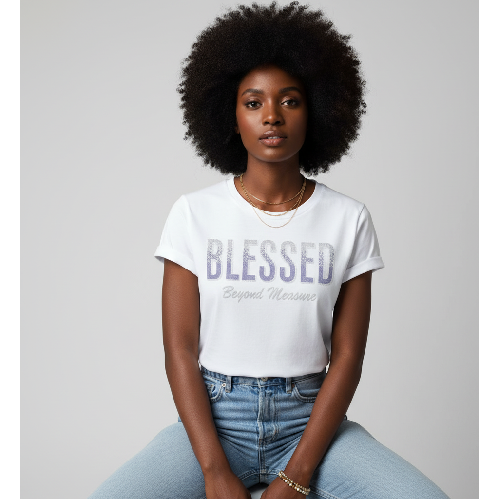 Embossed BLESSED Turn-up Sleeve T-Shirt