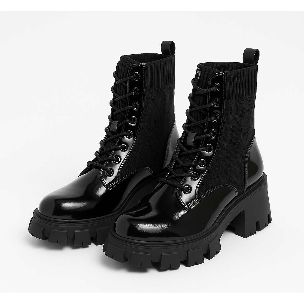Ribbed Detailed Lace Up Combat Ankle Boots