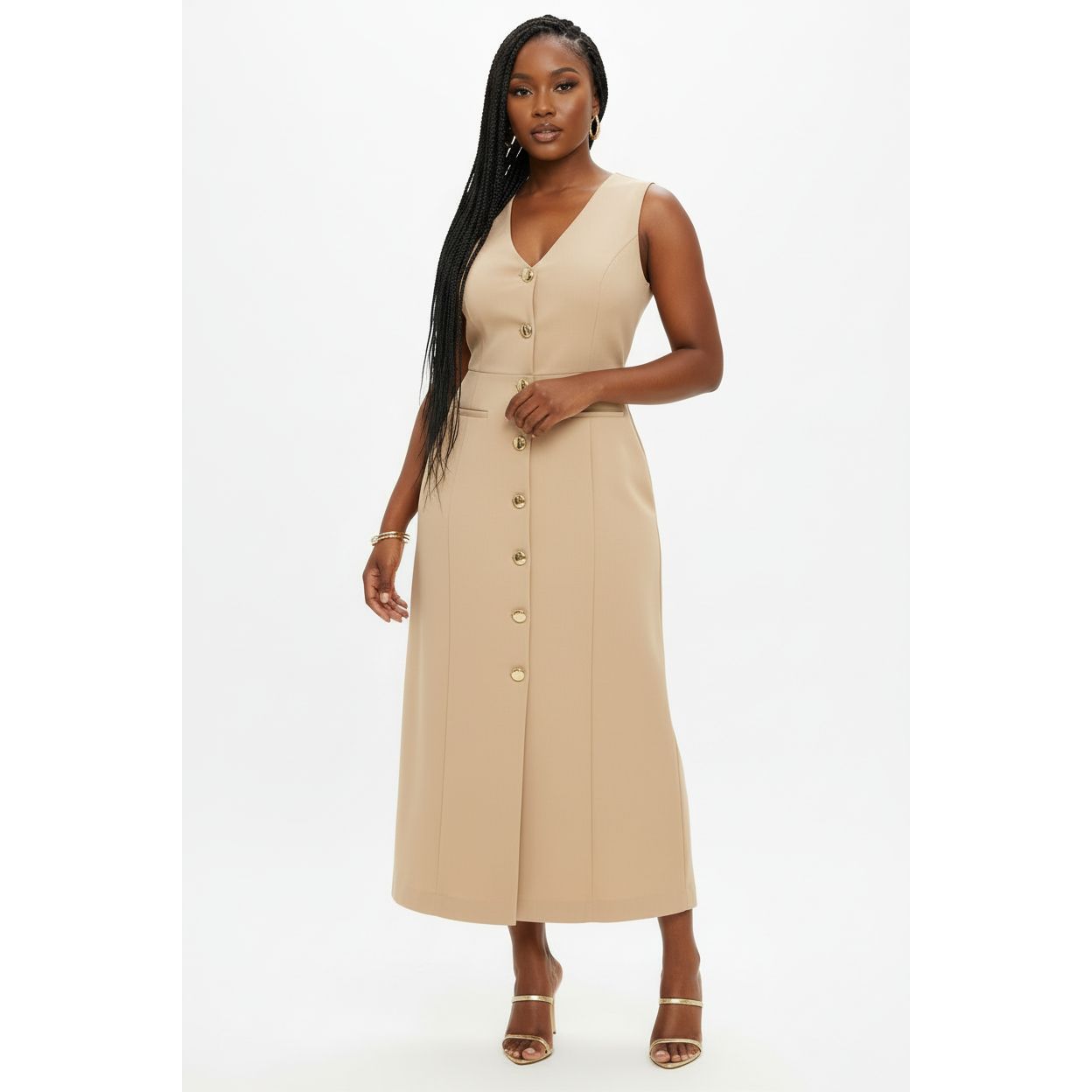 Sleeveless V-Neck Button Detailed Dress