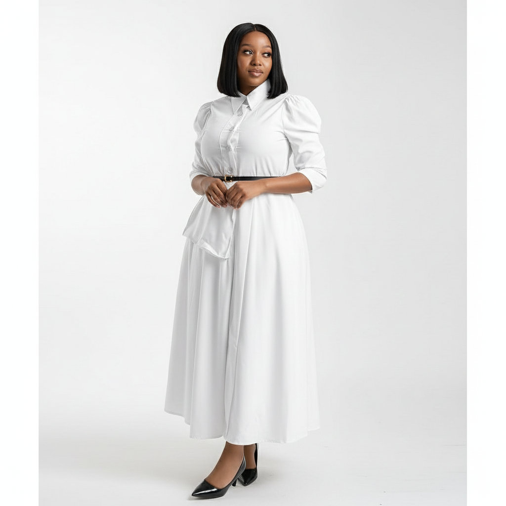 Puffy Sleeves Plain Sleeve Midi Dress