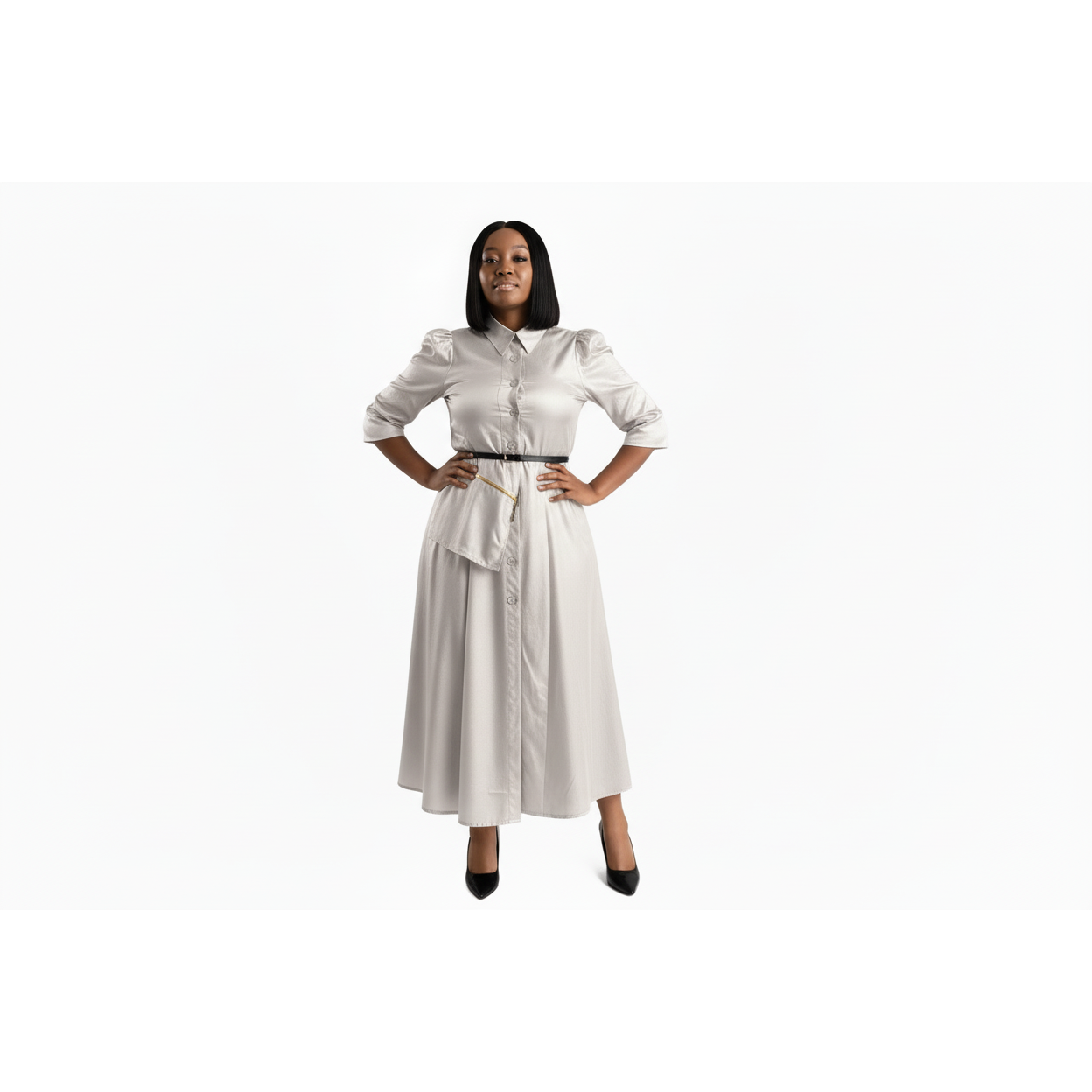 Puffy Sleeves Plain Sleeve Midi Dress