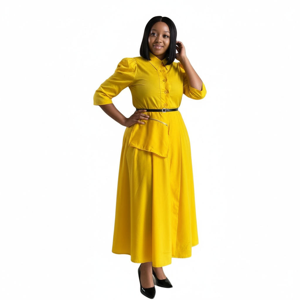 Puffy Sleeves Plain Sleeve Midi Dress