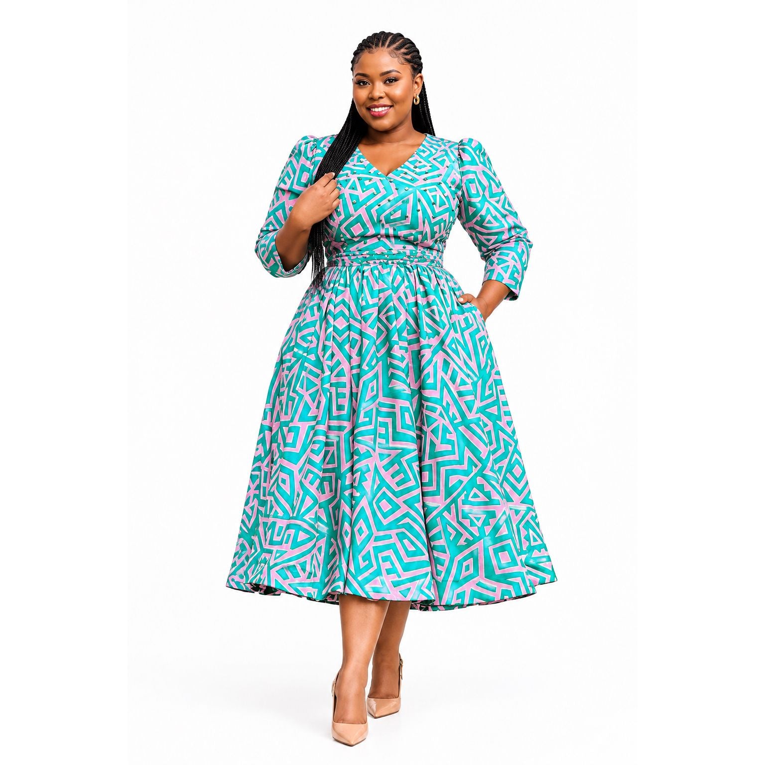 Plus Size Pink Abstract Print Long-Sleeve Midi Dress