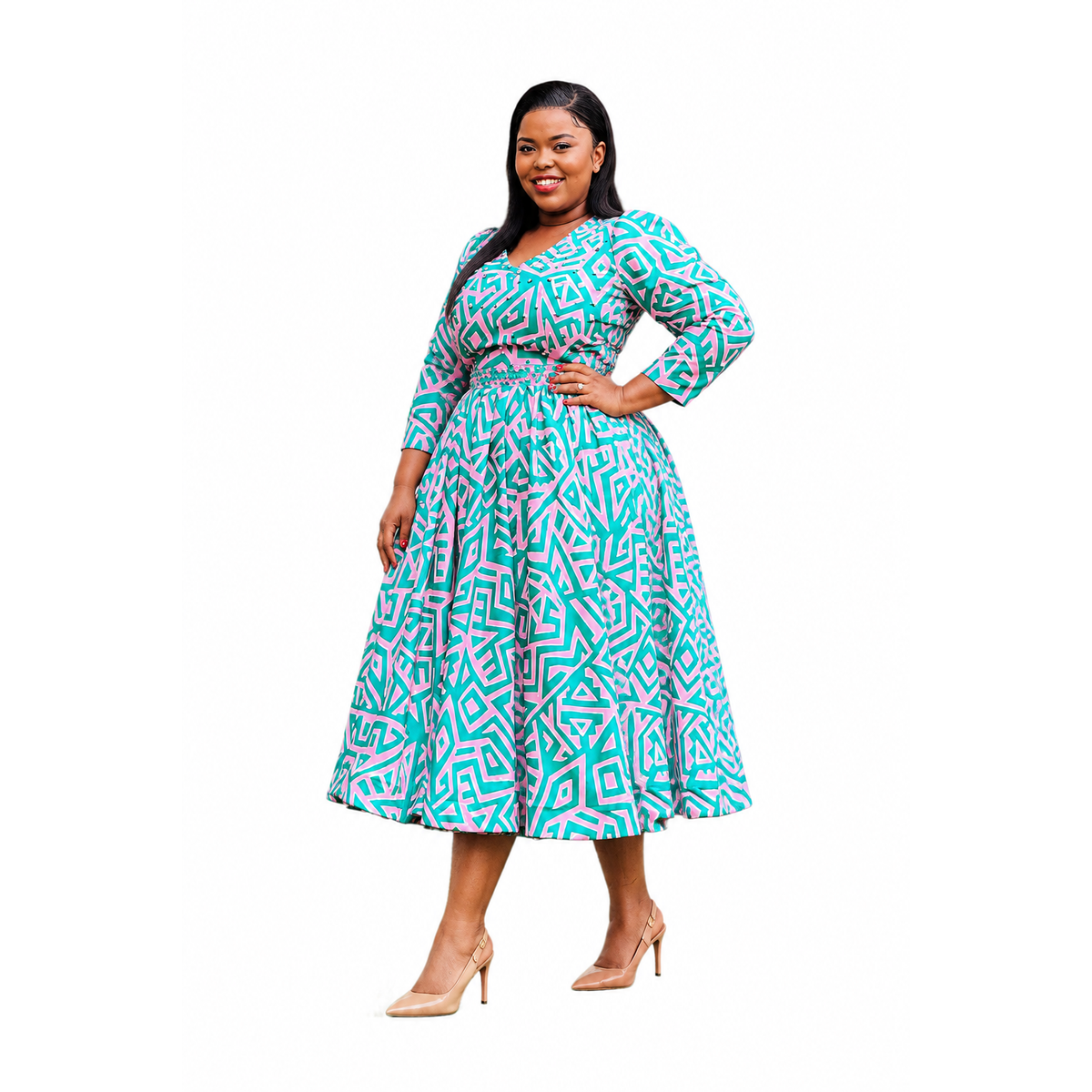 Plus Size Pink Abstract Print Long-Sleeve Midi Dress