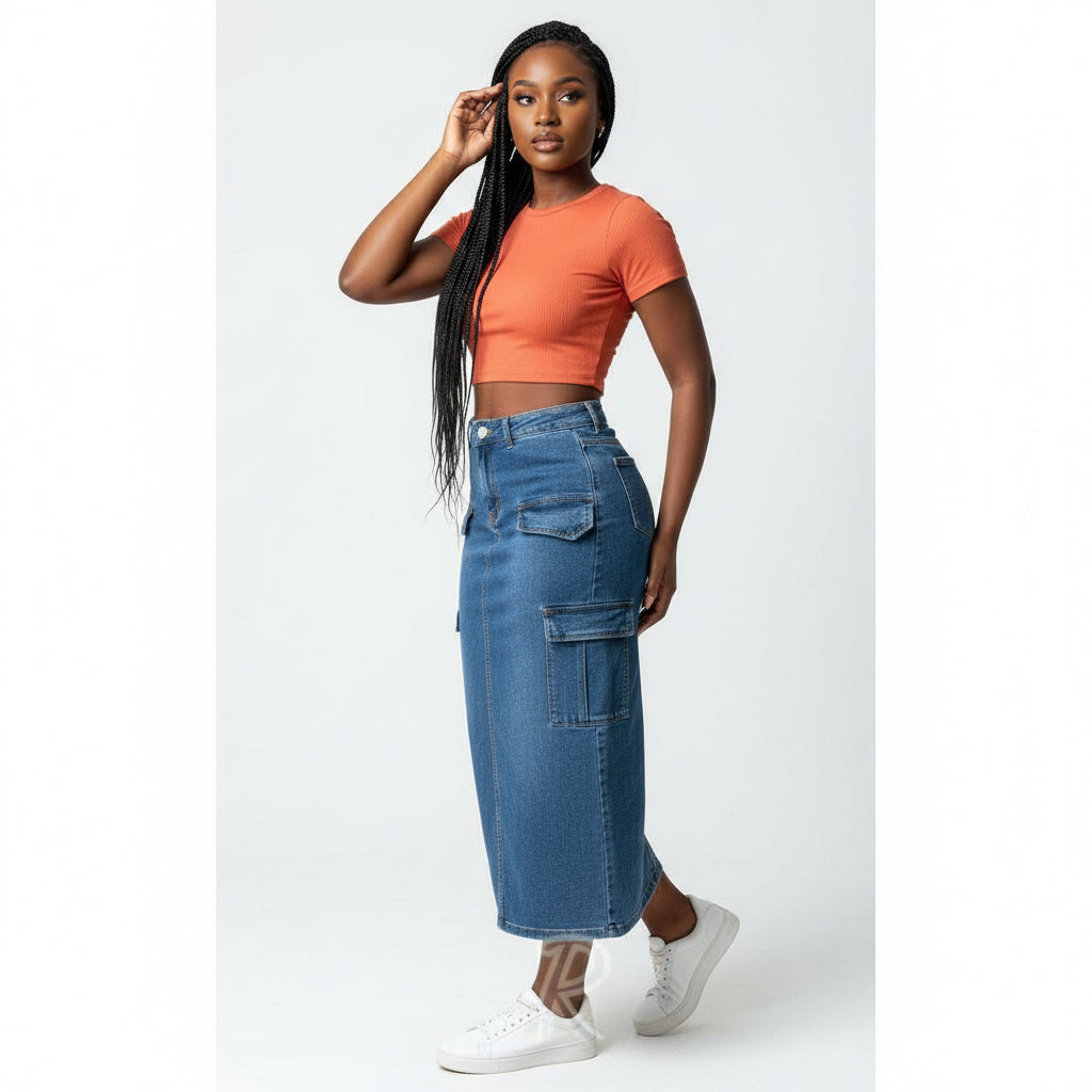Front Slit Side Pocket Denim Skirt