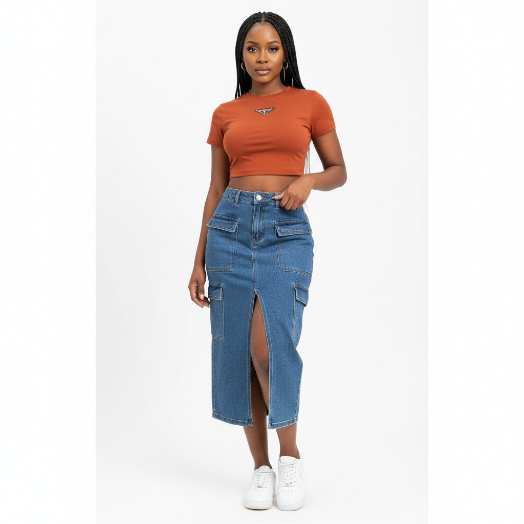 Front Slit Side Pocket Denim Skirt