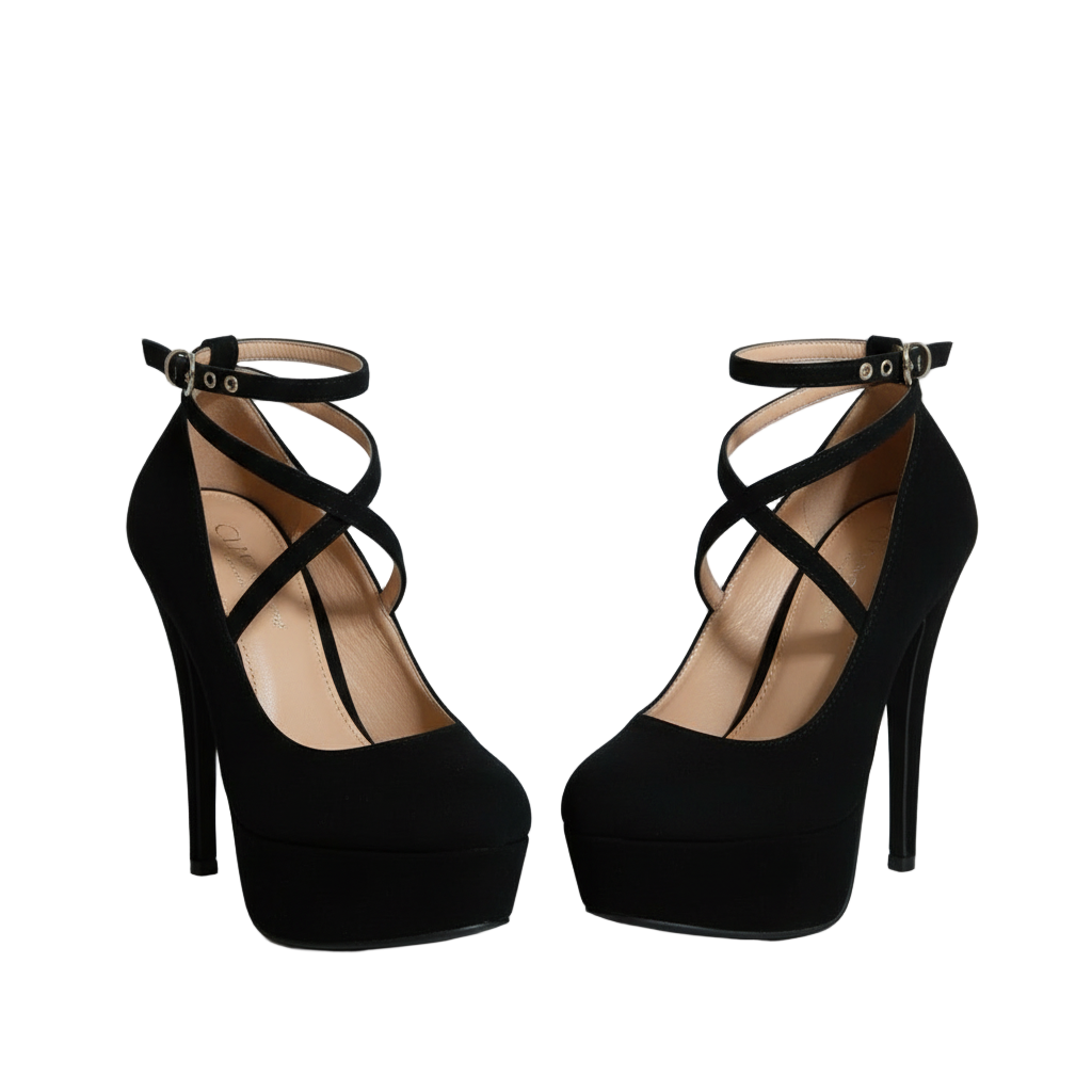 Criss Cross Platform Stiletto Heeled Faux Suede Ankle Strap Pumps