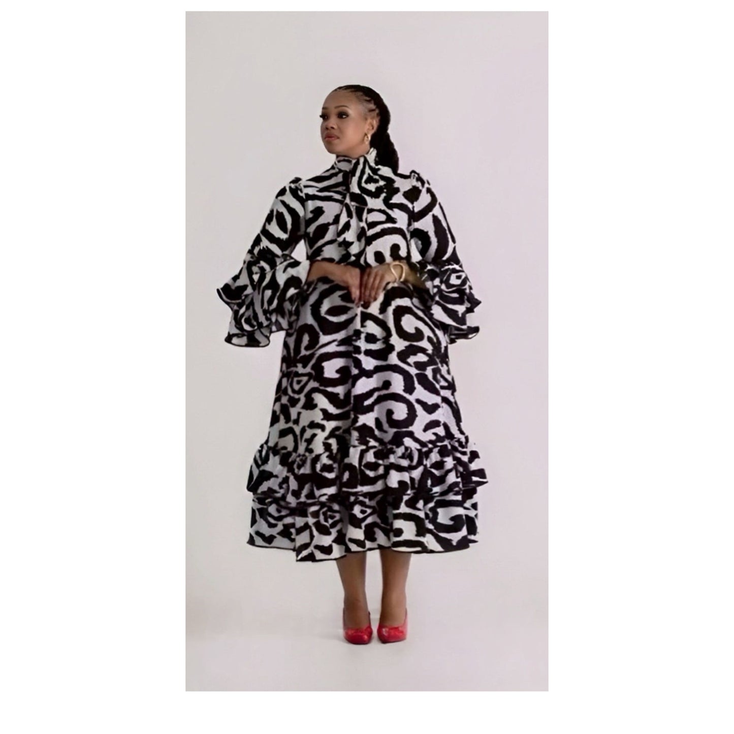 Ruffle Twisted Elegant Hem High-neck Design Dress.