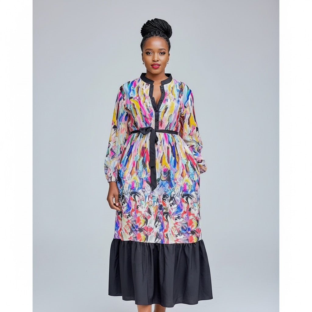 High Waisted Long Sleeve Round Neck Dress