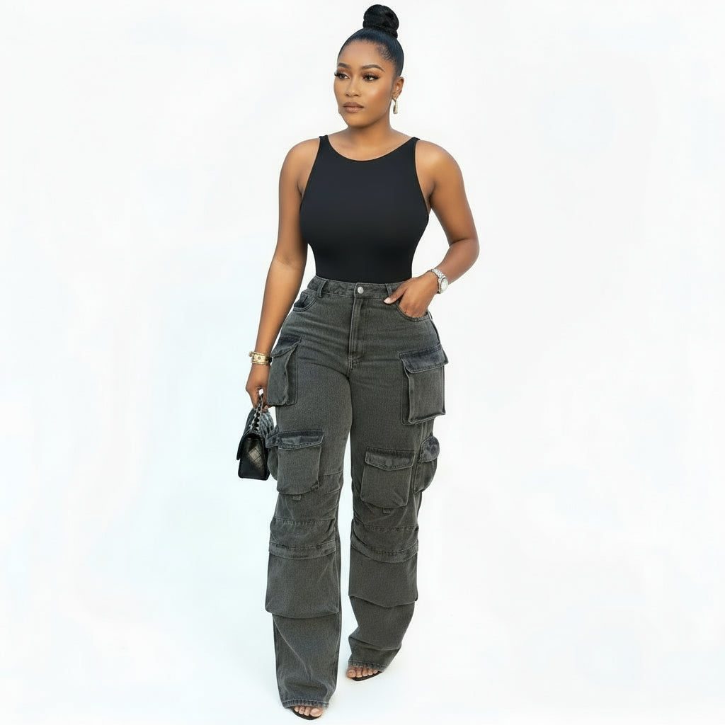 Denim Washed Multi-Pocket Pants.