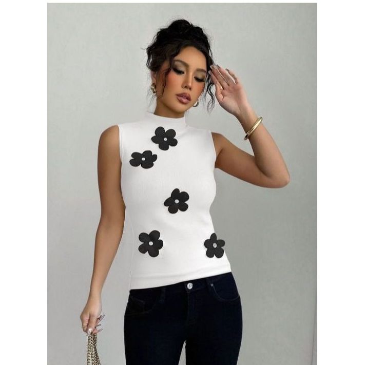 Elegant Floral Embellished Sleeveless Slim Fit Style Top