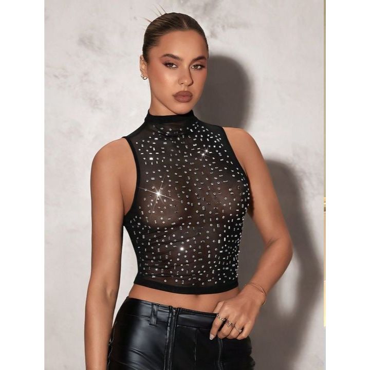 Rhinestone Sheer Mesh Halter Crop Top