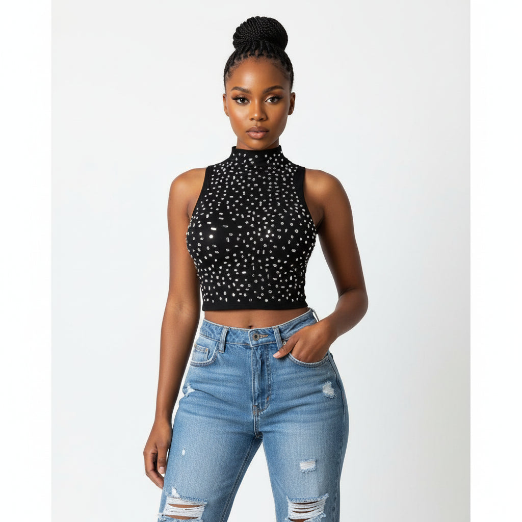 Rhinestone Sheer Mesh Halter Crop Top