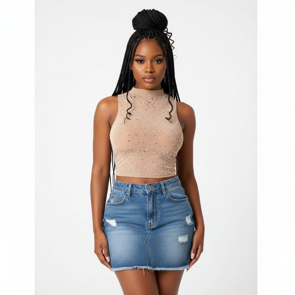 Rhinestone Sheer Mesh Halter Crop Top