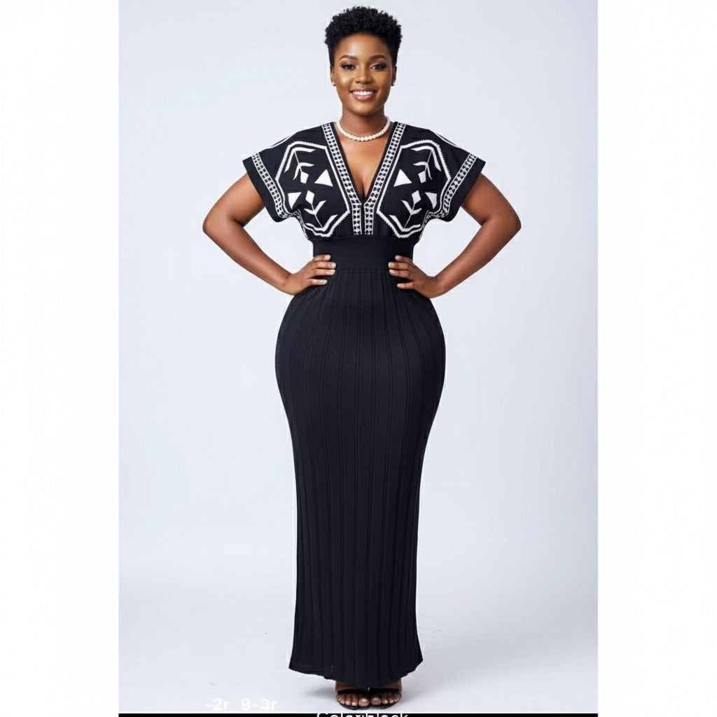 Knitted  V-neck Pattern Printed Dress