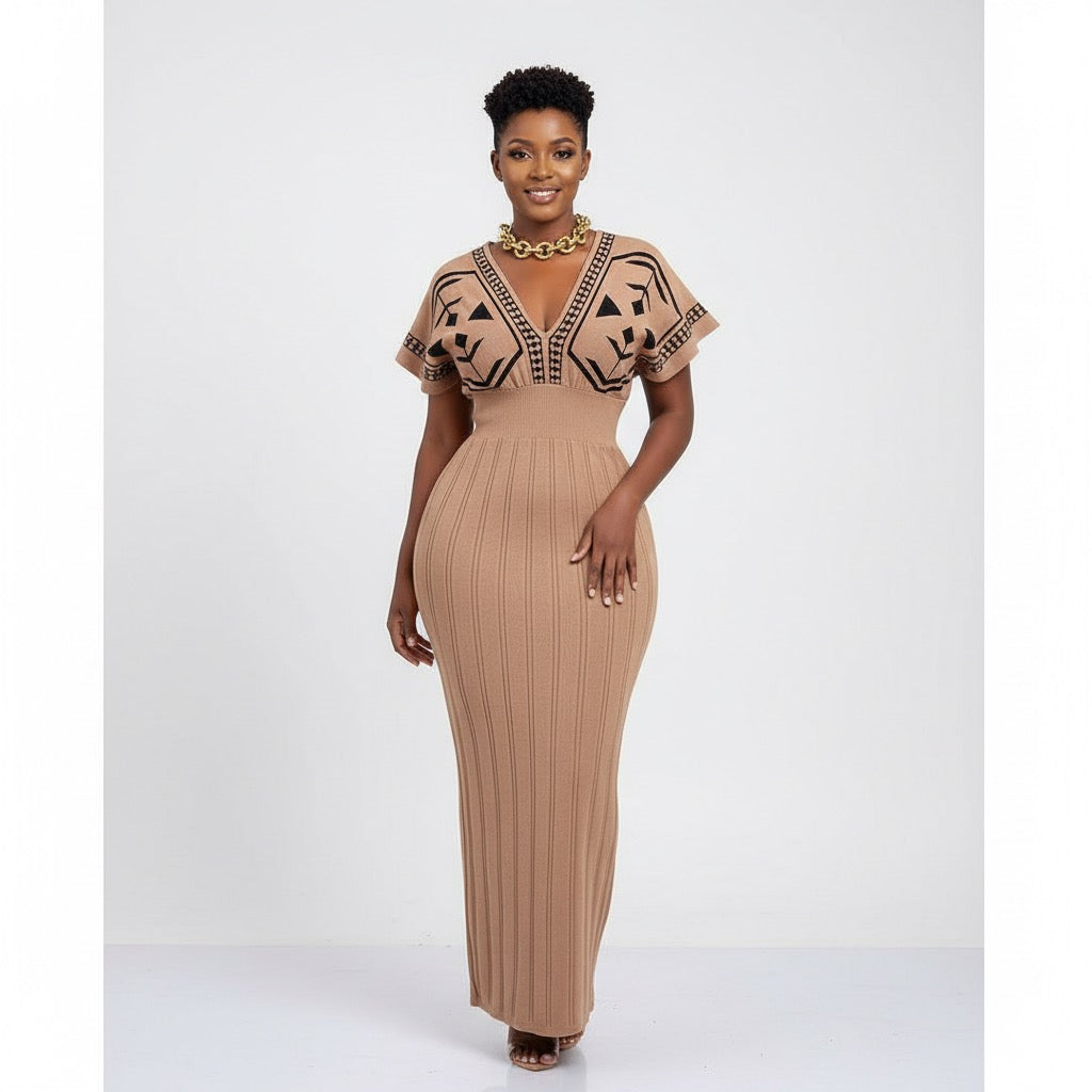 Knitted  V-neck Pattern Printed Dress