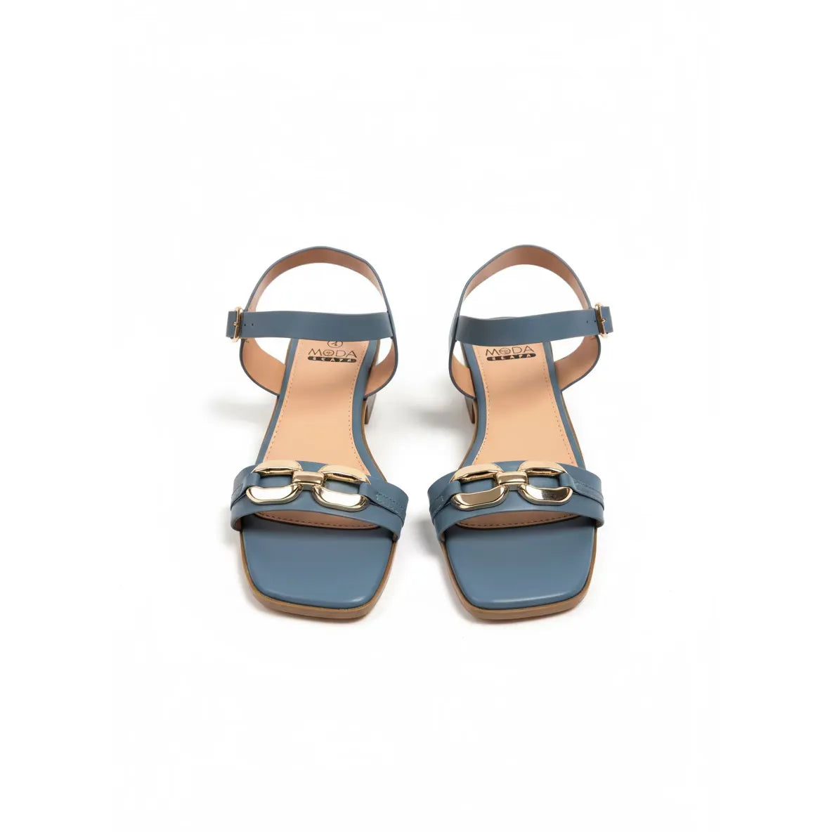 Elegant Block Heel Sandals with Gold Chain Design