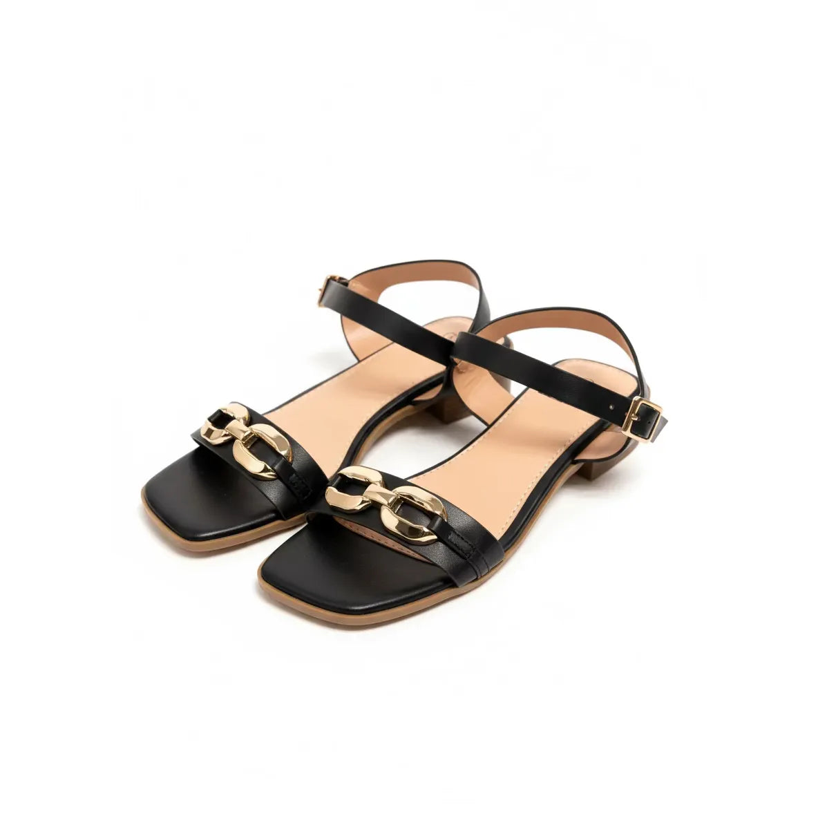 Elegant Block Heel Sandals with Gold Chain Design