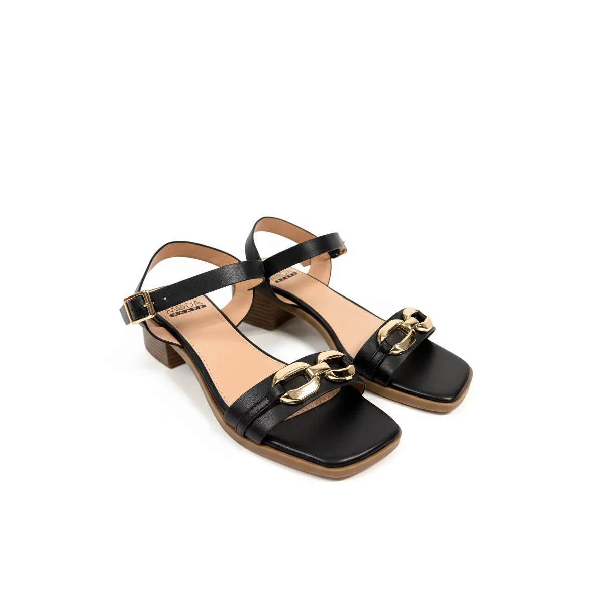 Elegant Block Heel Sandals with Gold Chain Design