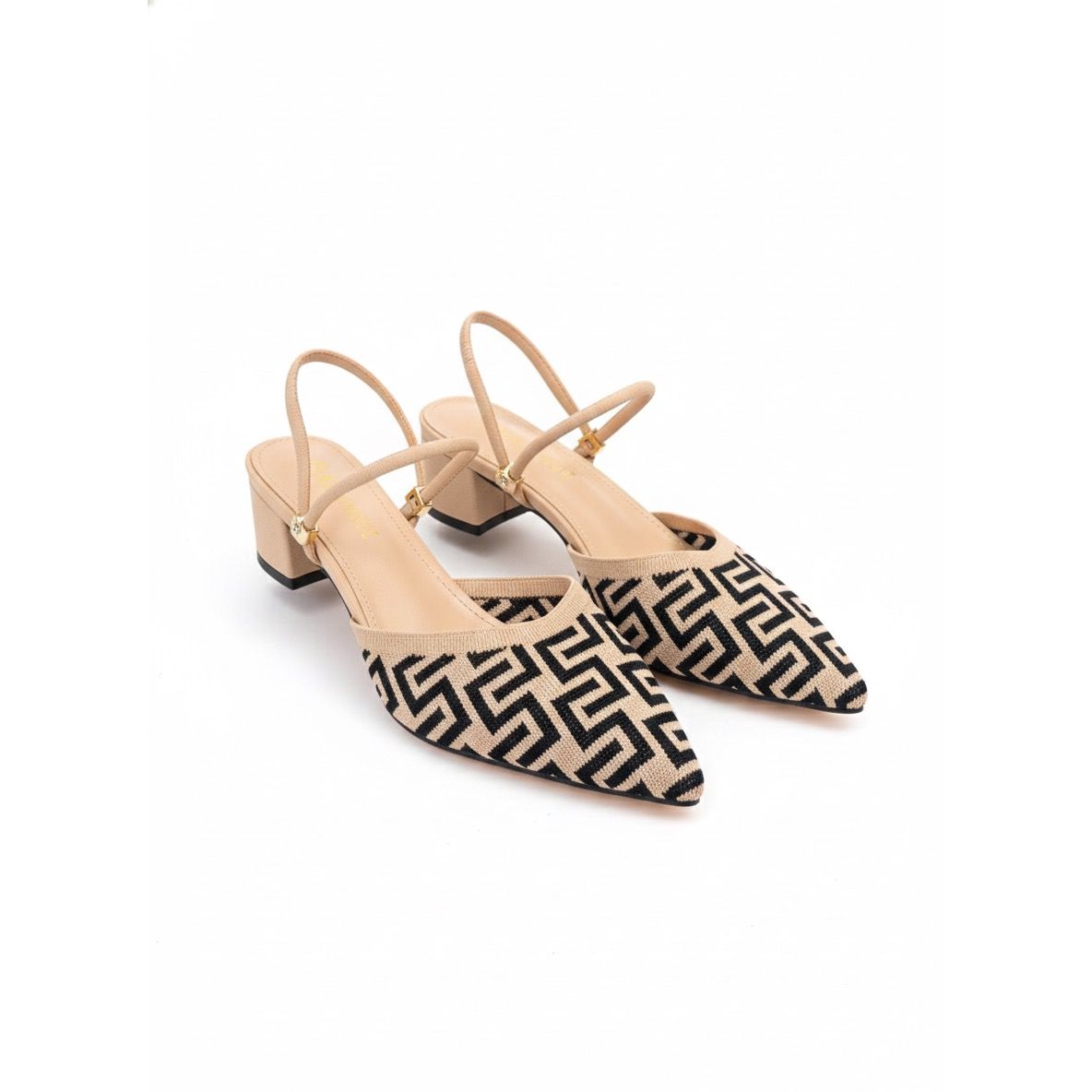 Geometric Pattern Block Heel Slingback Shoes.
