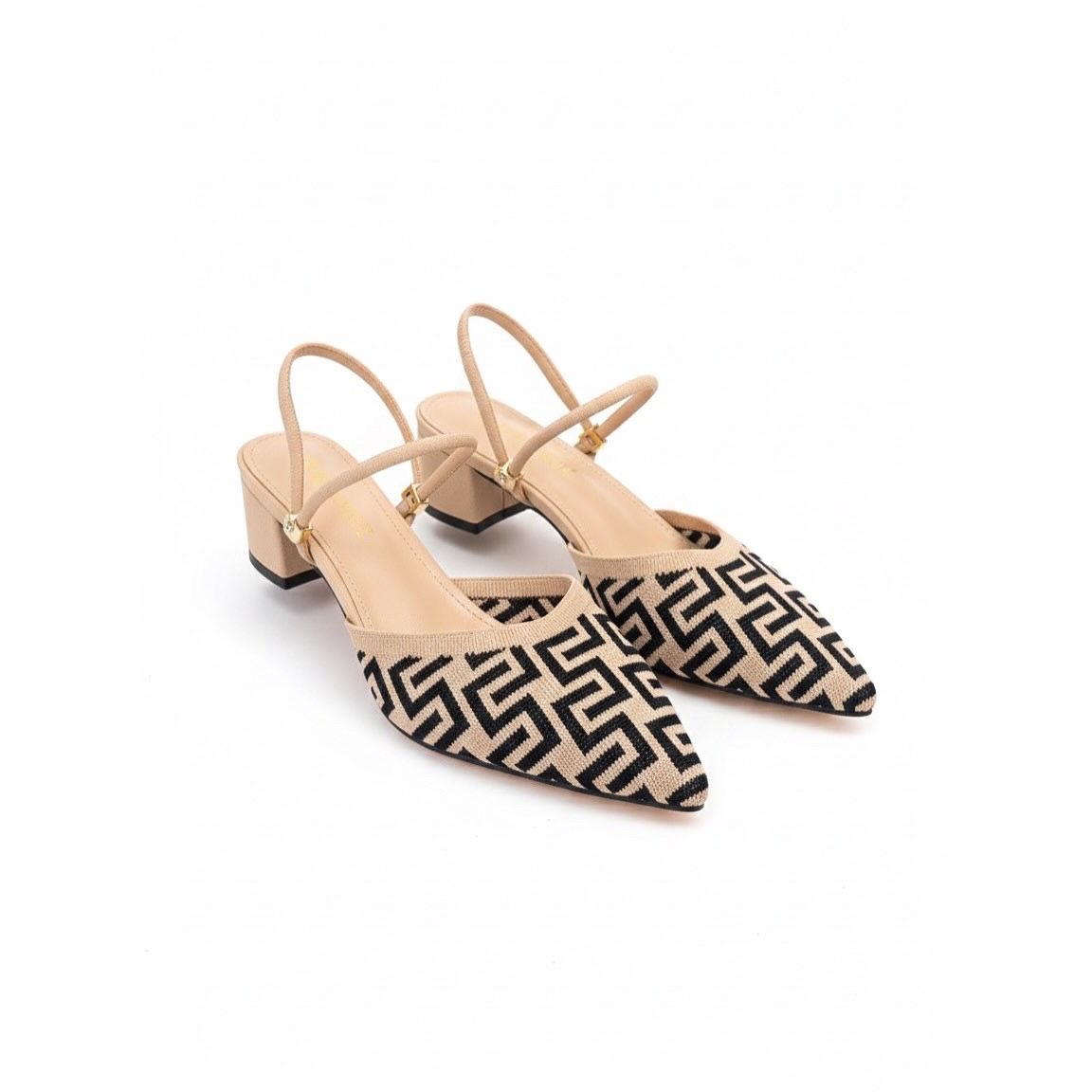 Geometric Pattern Block Heel Slingback Shoes.