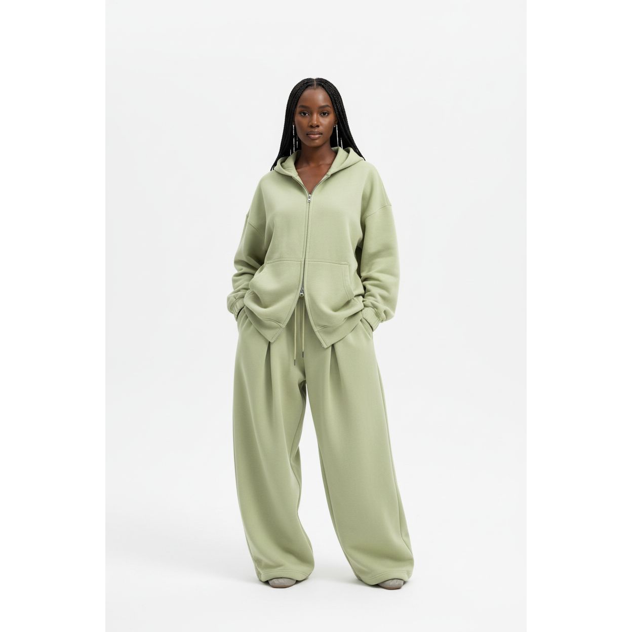 Zipper Top & Loose Wide-Leg Trousers Two-Piece Set