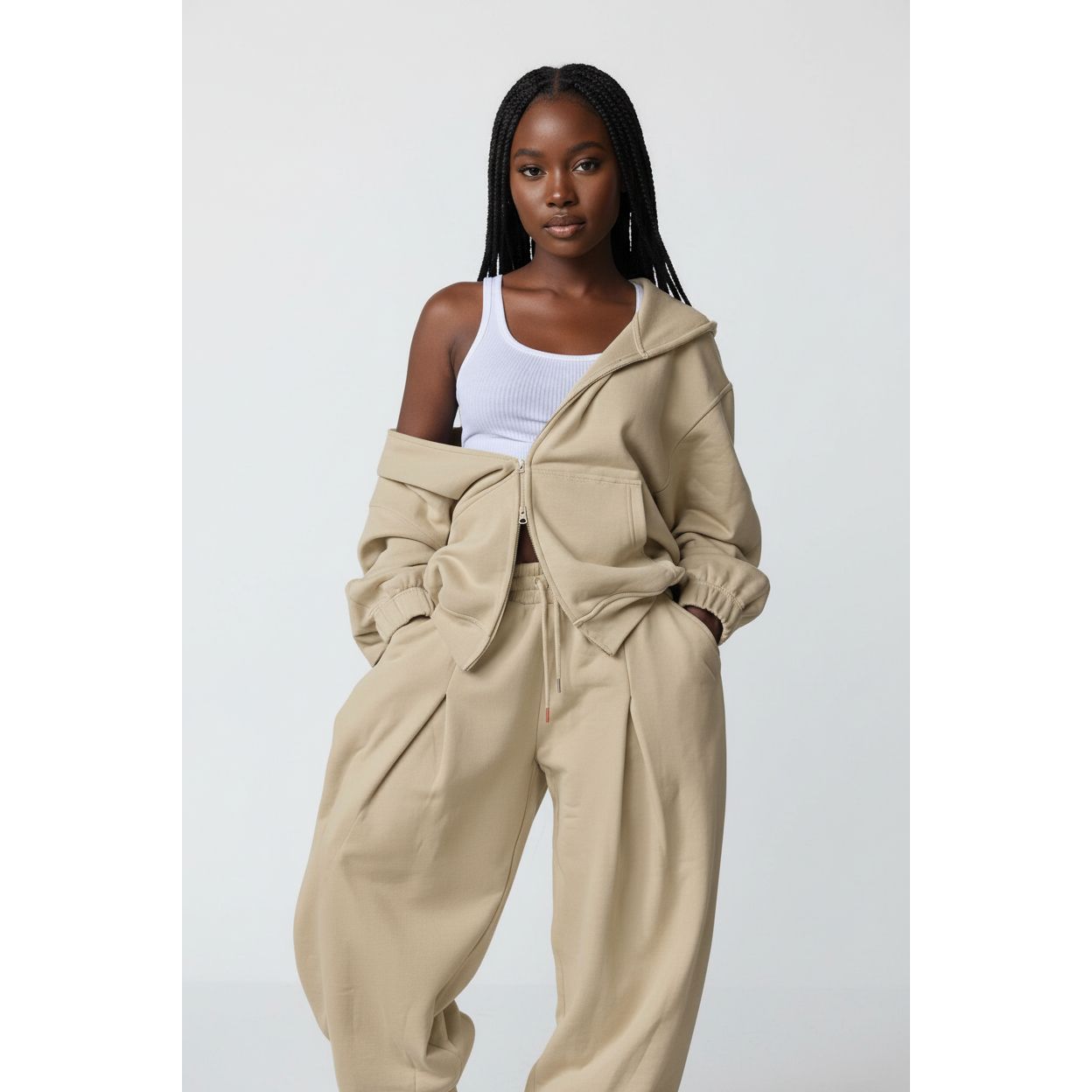 Zipper Top & Loose Wide-Leg Trousers Two-Piece Set