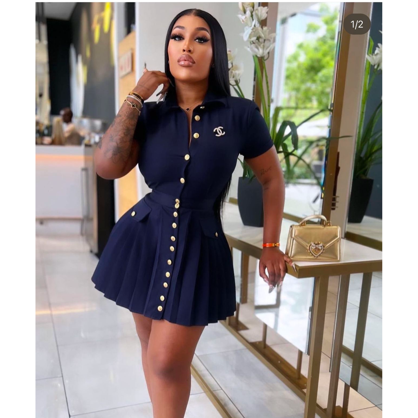 Button Detailed Short Sleeve Mini Dress.