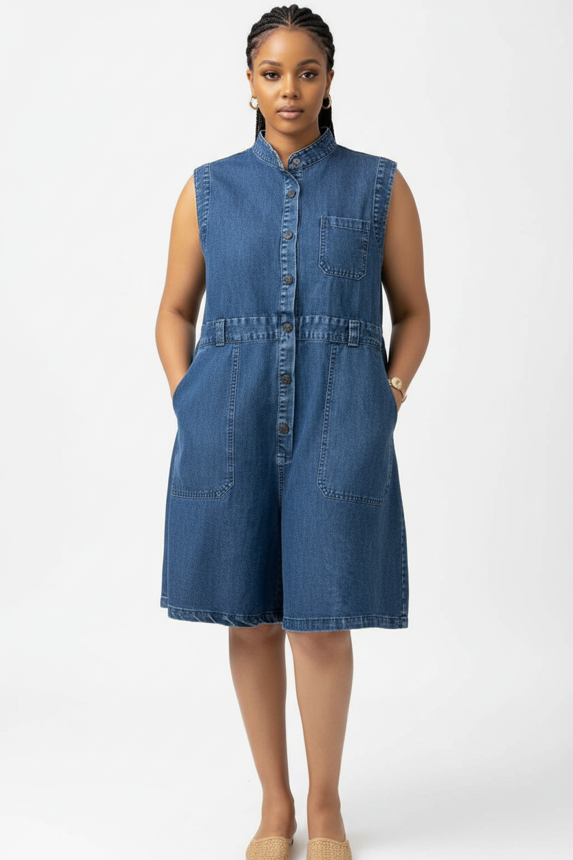 Button Front Sleeveless Denim Above Knee Jumpsuit