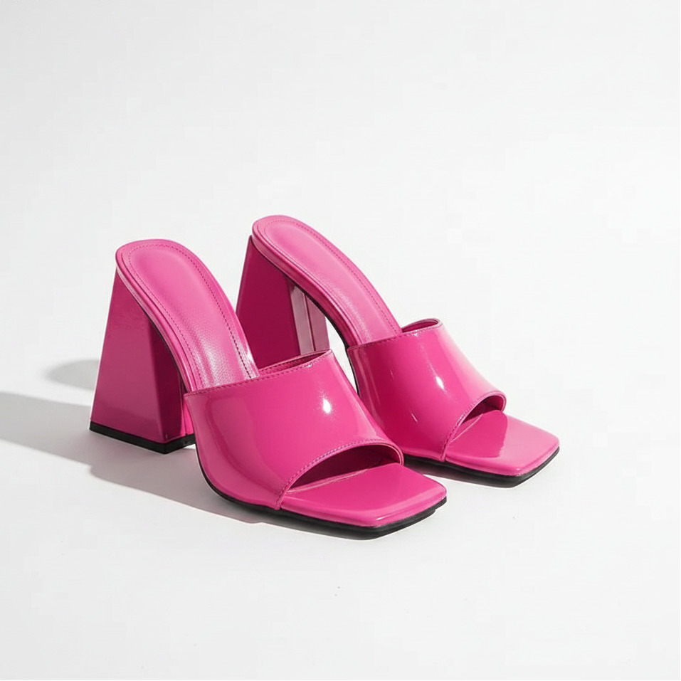 A pair of women's patent leather block-heel mule sandals in a vibrant hot pink color, shown on a clean white studio background with the brand name 'SONDR' in the top-left corner.