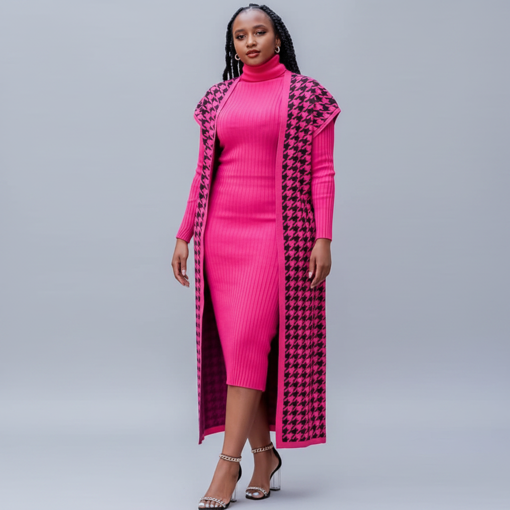Plaid Cardigan & Sweater Dress Knitted Set